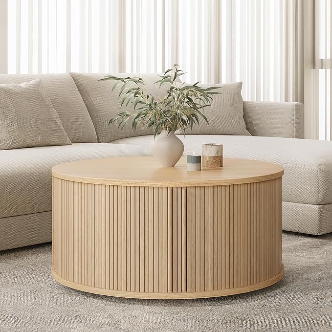 35'' Round Coffee Table with Storage and Shelves - Round Center