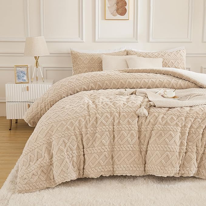Beige Fleece Comforter Set King, 3 Pieces Fuzzy Fluffy Faux Fur Bed Comforter