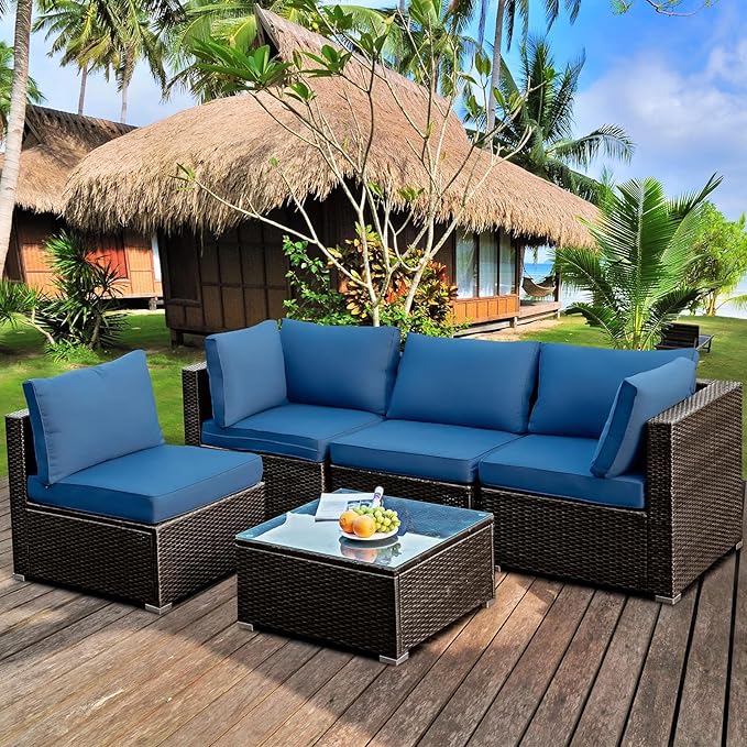 5-Piece Outdoor Patio Furniture Set - Rattan Wicker Sectional Sofa with Coffee Table & Cushions