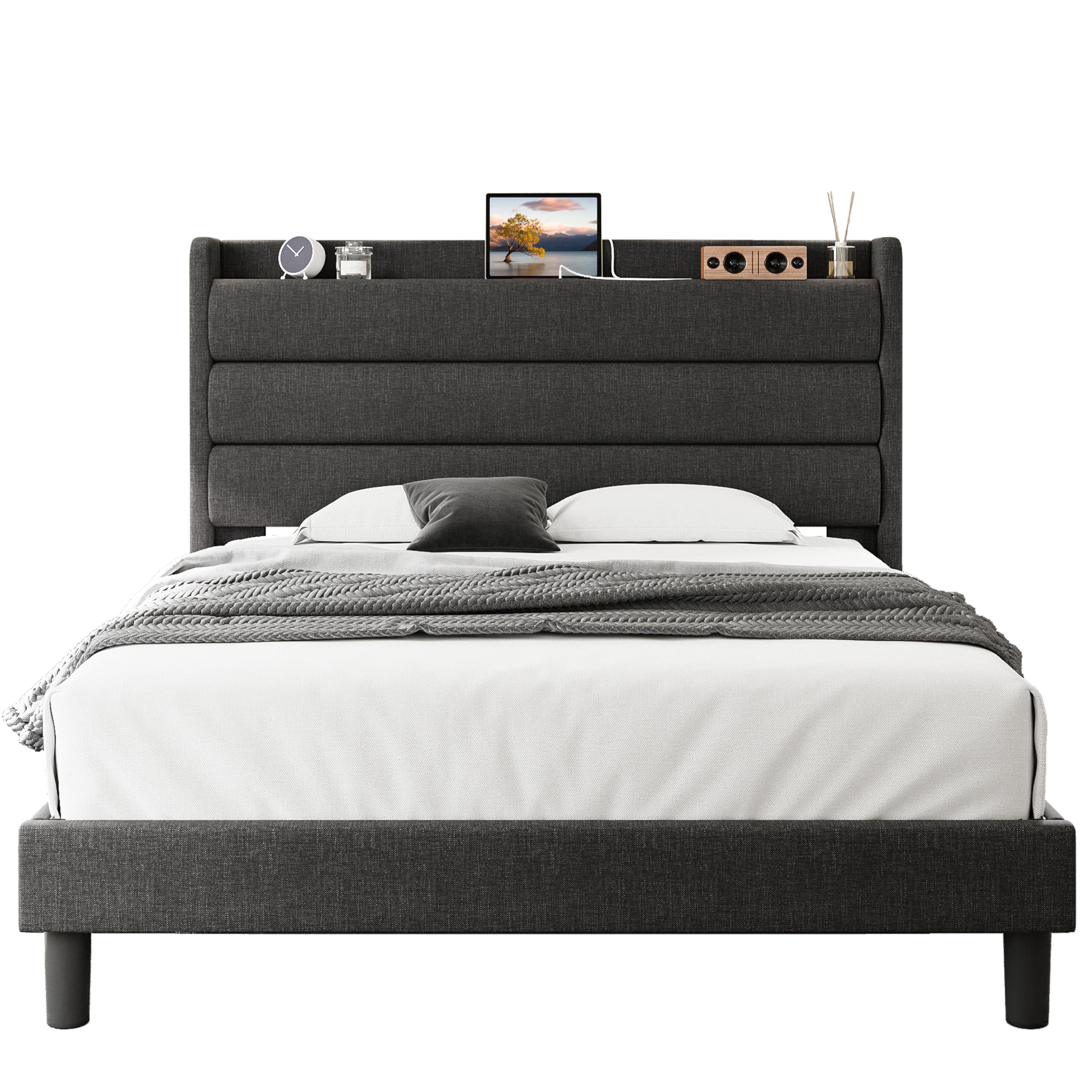 Queen Size Bed Frame, Storage Headboard with Outlets, Sturdy and Stable