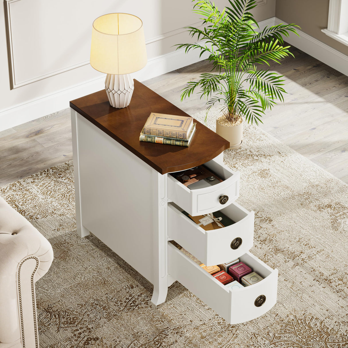 Solid Wood End Table, 3-Drawer Narrow Side Table