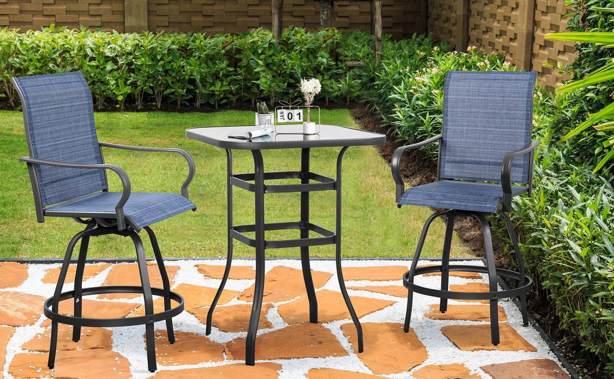 3 Pieces Outdoor Swivel Bar Set, All Weather Textile Fabric Patio High Bar Stool Bistro Set
