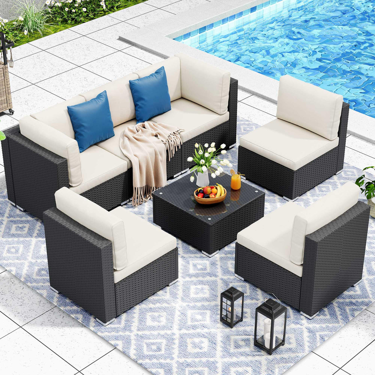 7 Pieces Patio Furniture Set, Sectional Sofa PE Rattan Wicker Conversation Set Outside