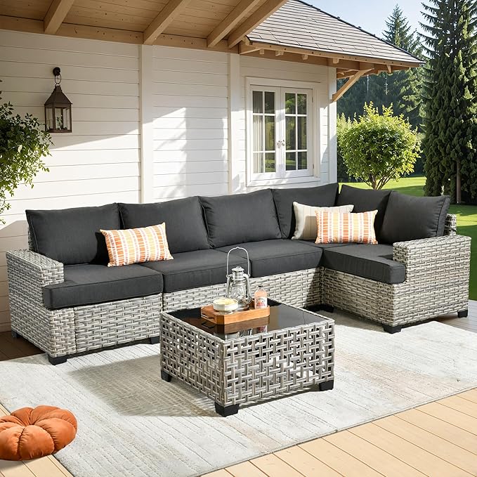6 Pieces Patio Furniture Set, Outdoor Sectional Sofa Couch with Solar Coffee Table