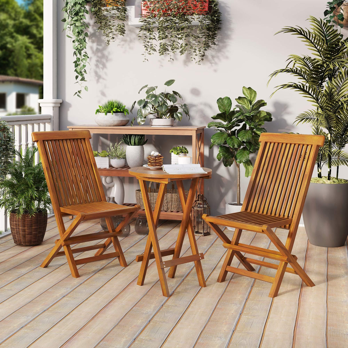 3 Pieces Patio Bistro Set Teak Wood Bistro Table and Chairs Set of 2, Outdoor Conversation