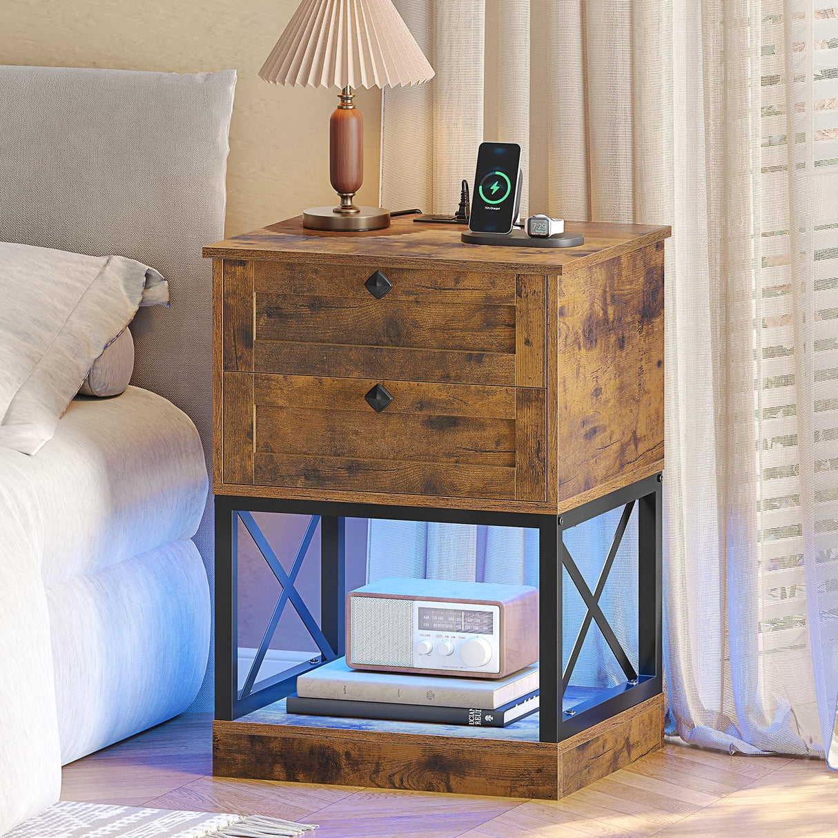 Rustic Nightstand with Charging Station
