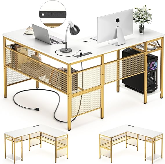 L Shaped Desk with USB Charging Port and Power Outlet