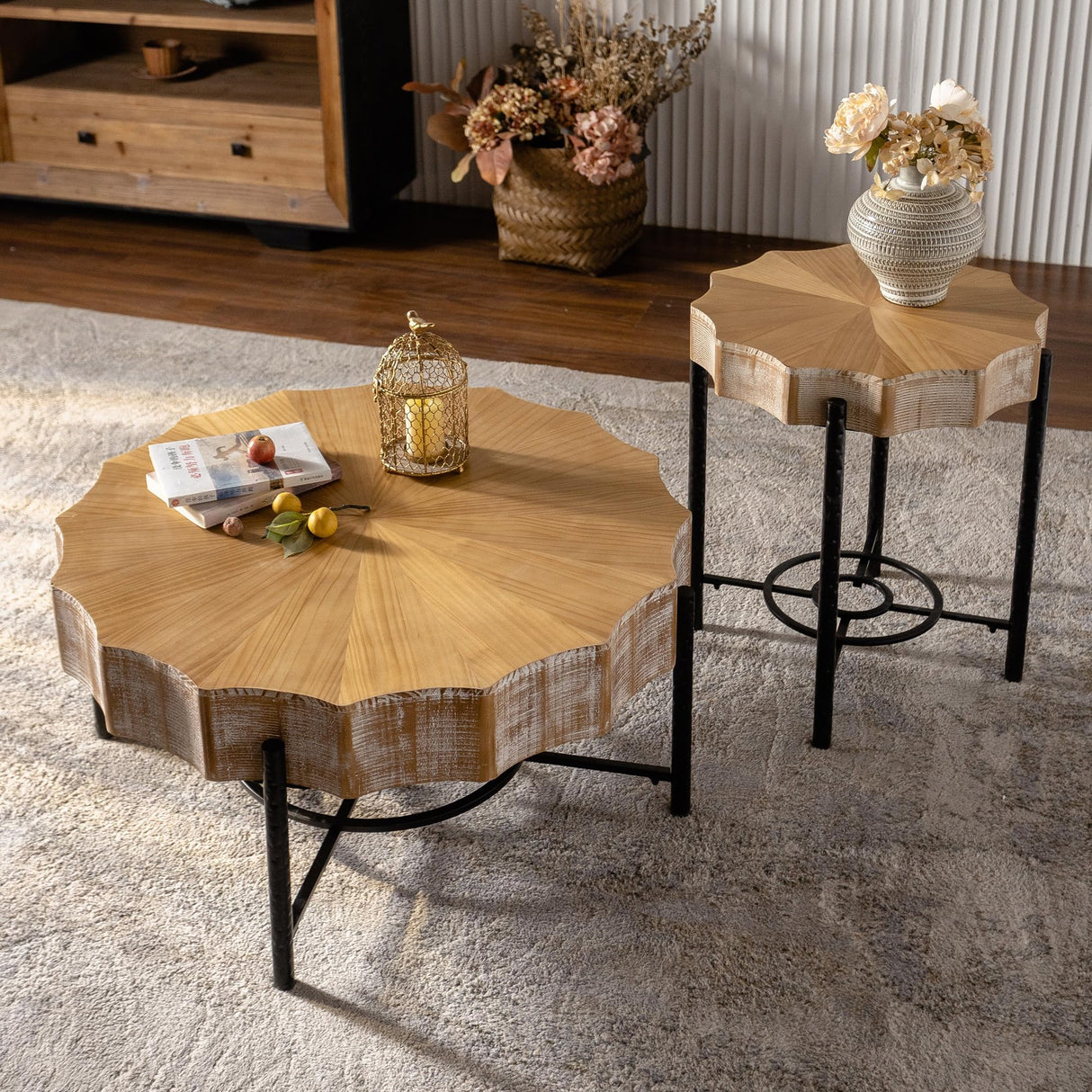 2-Piece Farmhouse Living Room Coffee Table Set Rustic Boho Round Coffee