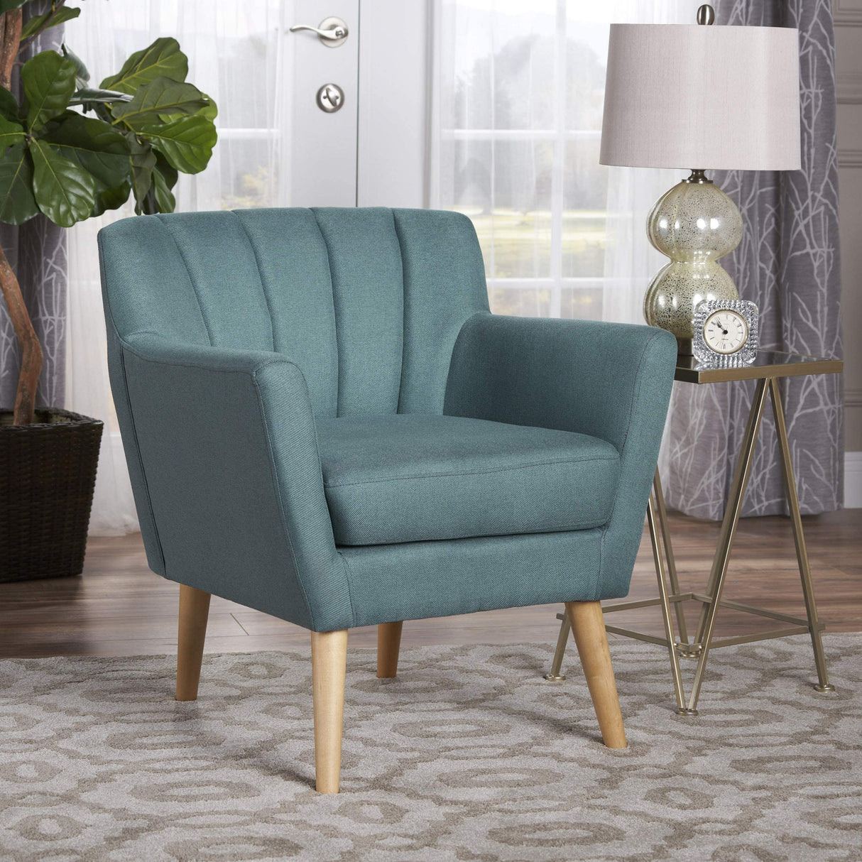 Merel Mid Century Modern Fabric Club Chair, 28.30" W x 27.60" D x 31.50" H, Dark Teal/Natural