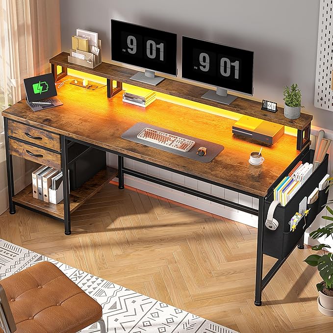 48" Computer Desk with LED Strip, Gaming Desk with Drawers & Storage Bag