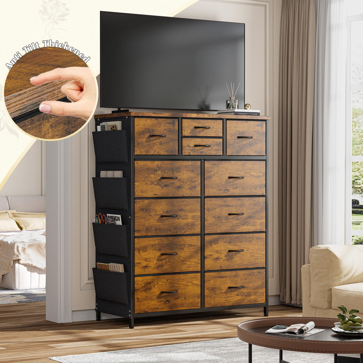 Tall Dresser for Bedroom with 12 Drawers,Dresser Chest of Drawers with Side Pockets