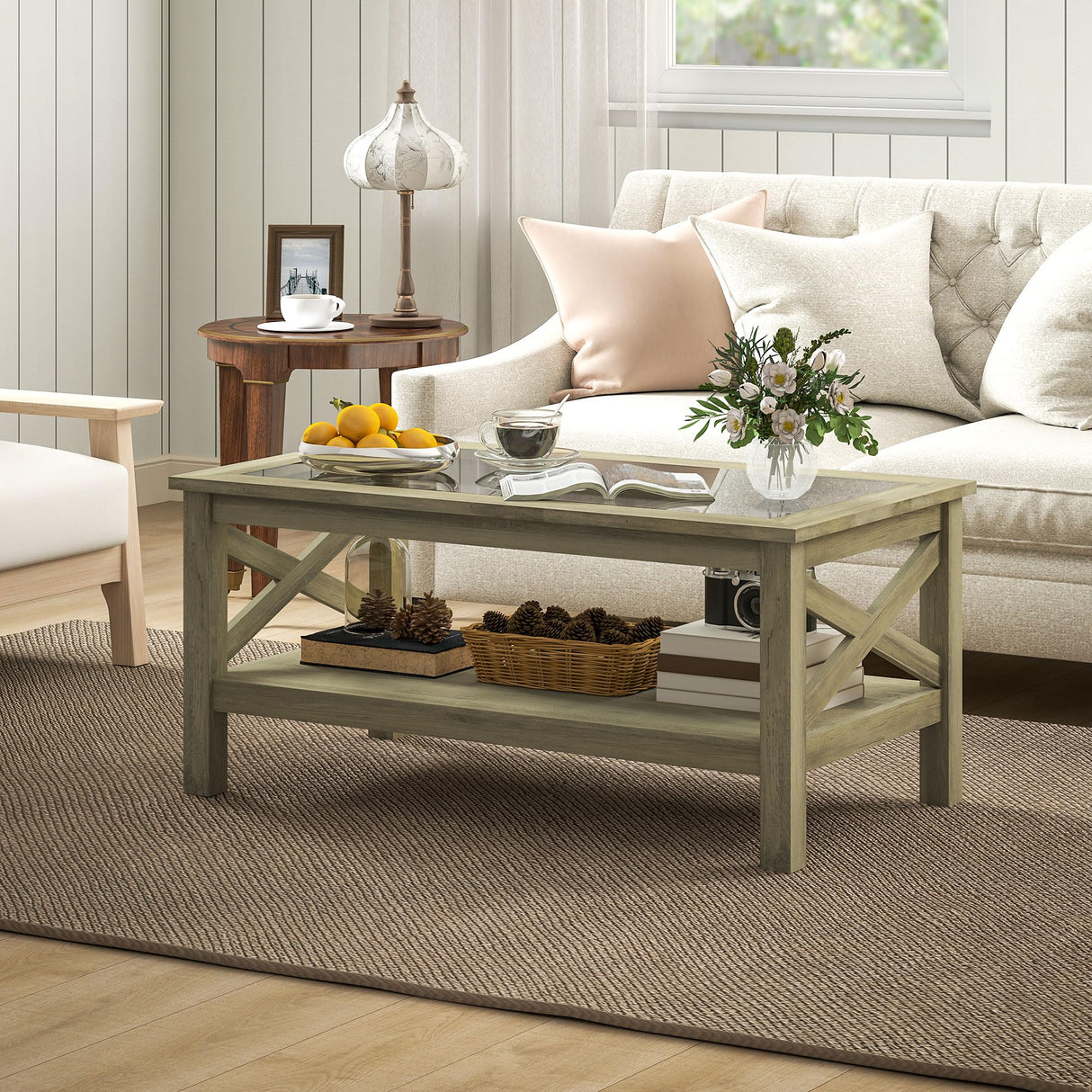 Glass Coffee Table, Modern Farmhouse Center Table with Storage, Side Table