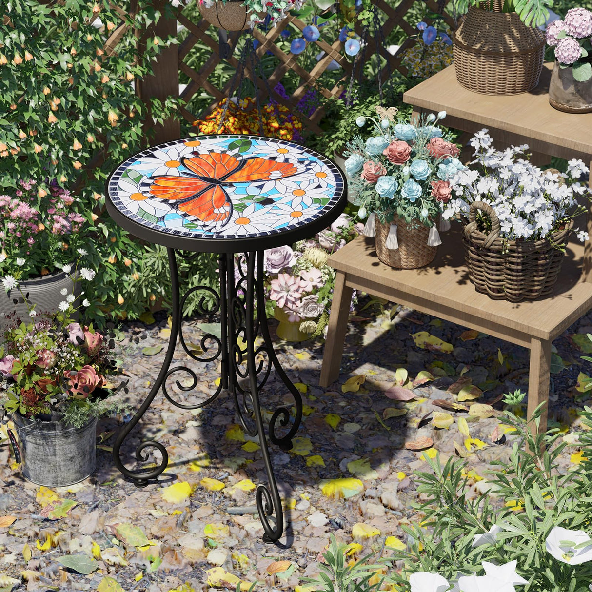 Mosaic Outdoor Side Table, Patio Side Table, Weather Resistant 14" Diameter 21" H Ceramic