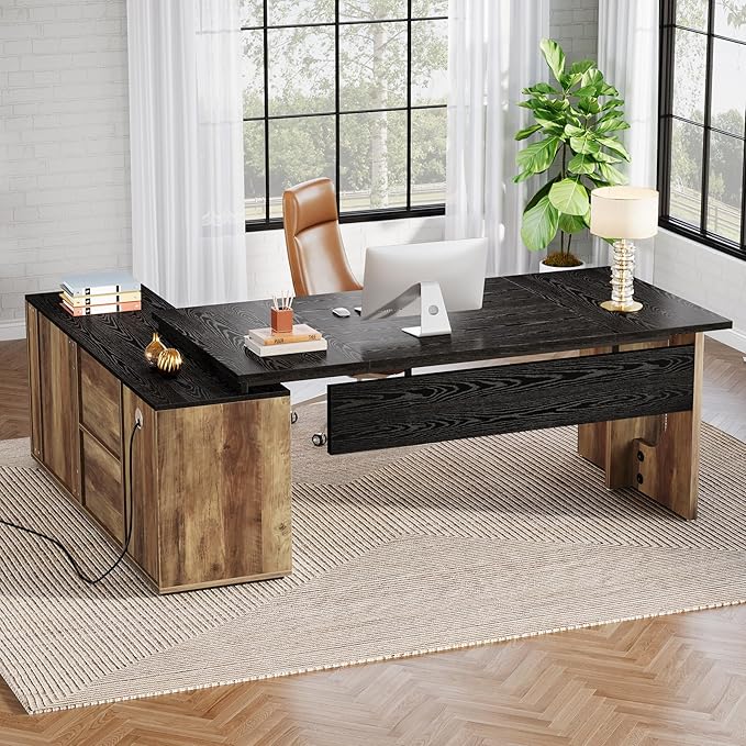 74.8" Executive Desk, Large Office Desk with Cabinet, L Shaped Computer Desk