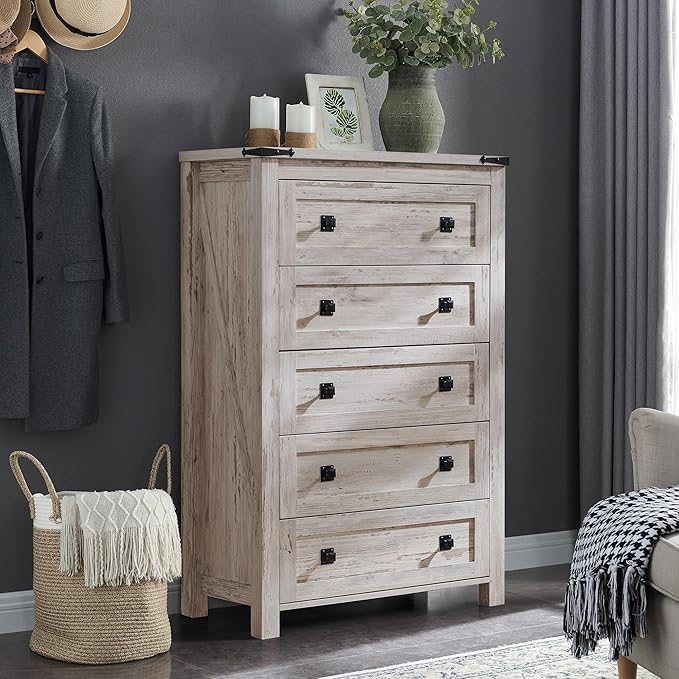 5 Drawers Dresser Chests for Bedroom, Wood Rustic Tall Chest of Drawers