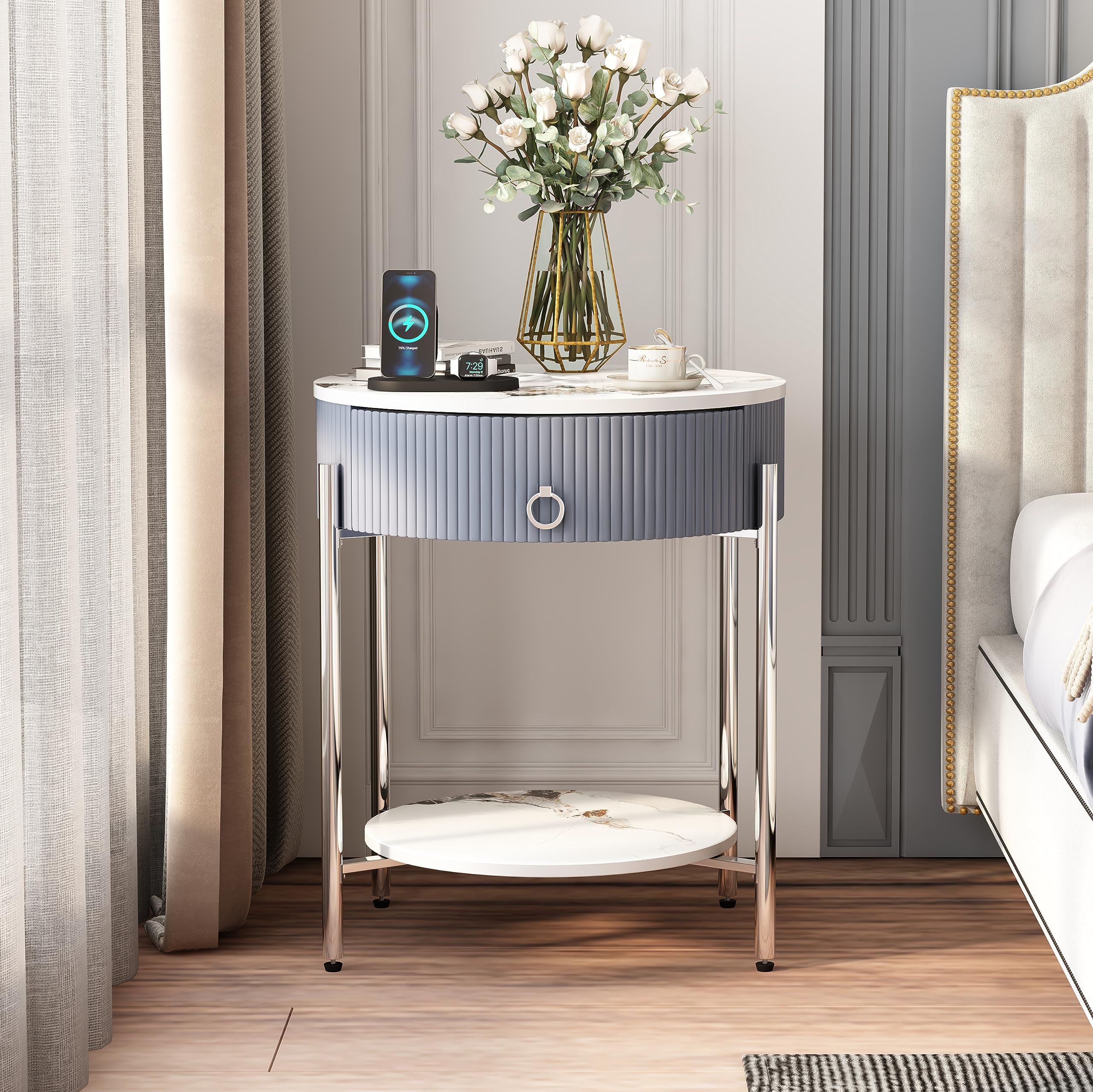 Round Side Table with Drawer, Modern Nightstand with Shelf and Chrome