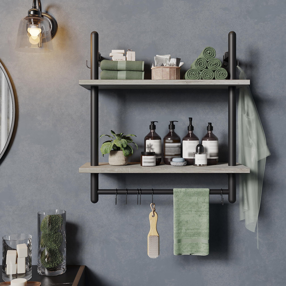 Floating Pipe Shelving Kitchen Shelves 3 Tier & 2 Tier Bundle, Retro Grey Oak-Light