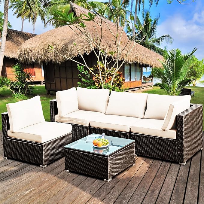 5-Piece Outdoor Patio Furniture Set - Rattan Wicker Sectional Sofa with Coffee Table & Cushions