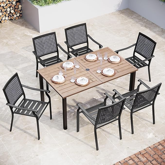 Round Patio Table and Chairs Set, Outdoor Dining Set for 6, 7 Piece Metal Patio Furniture