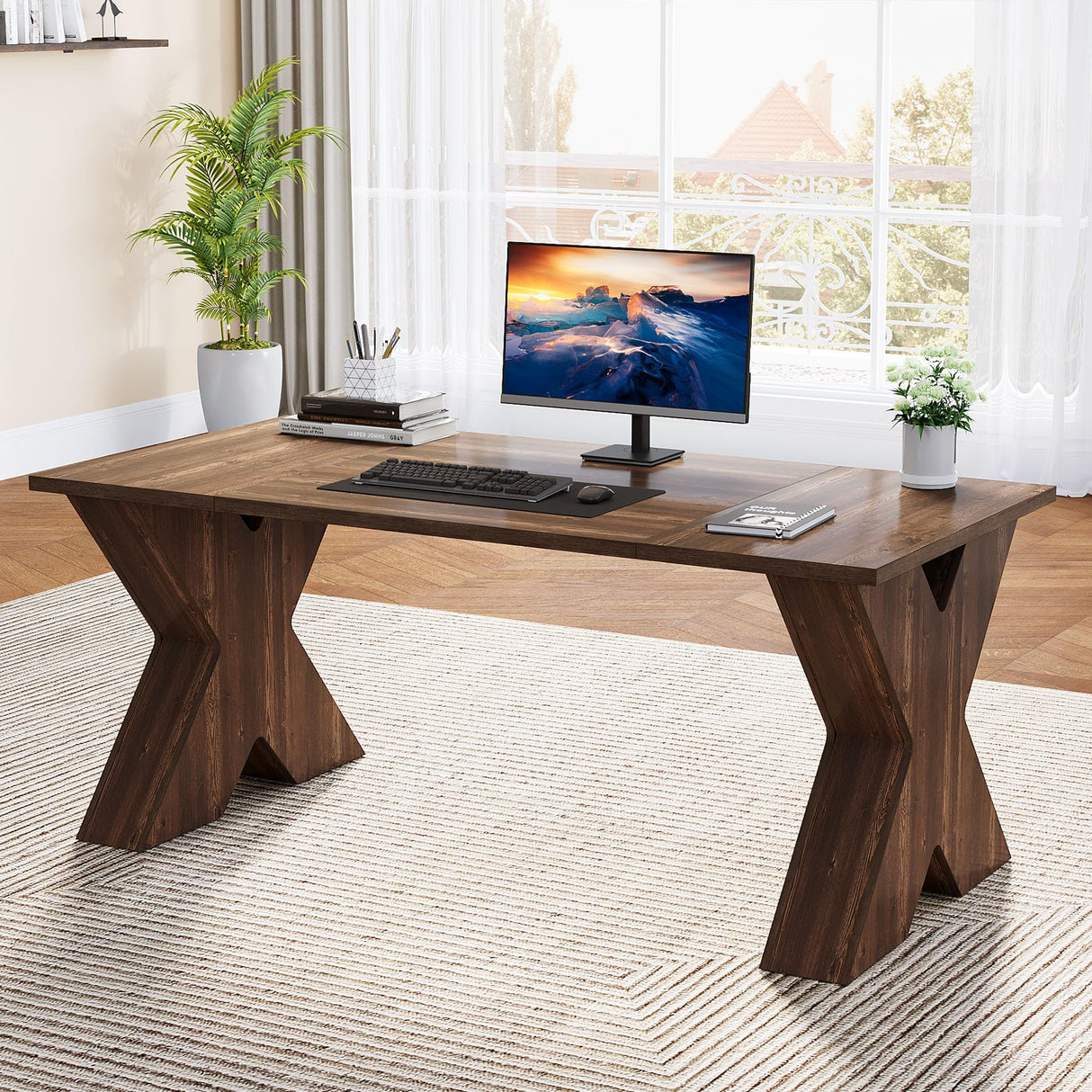 63" Executive Desk, Large Office Computer Desk with X-Shaped Thickend Wood Pedestal