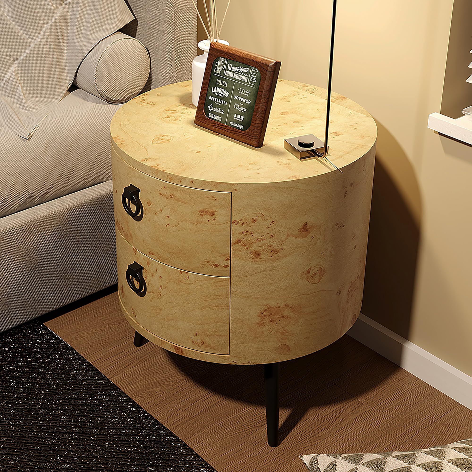 Round Side Table with Drawers Modern Night Stand with Storage Wooden Accent End Table