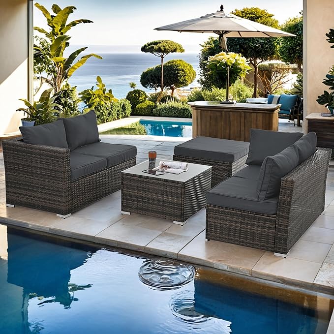 7 Piece Patio Furniture Set, All Weather Outdoor Rattan Wicker