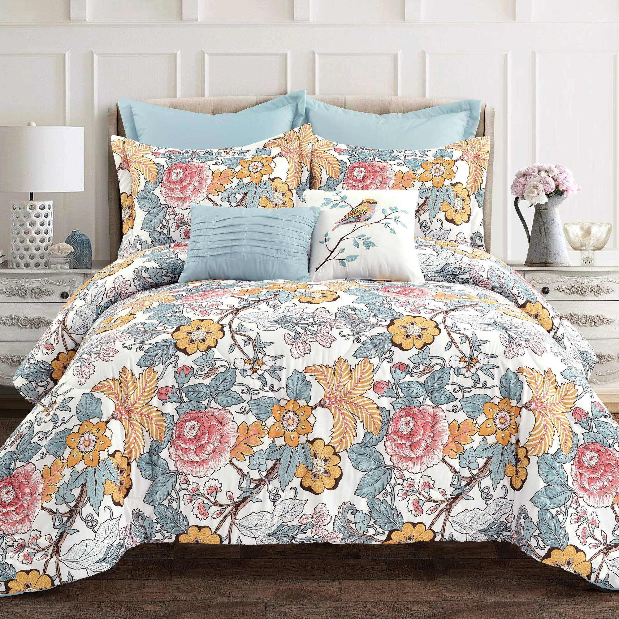 Sydney Comforter Set - Charming & Colorful Floral Leaf Design - 7 Piece Elegant Botanical