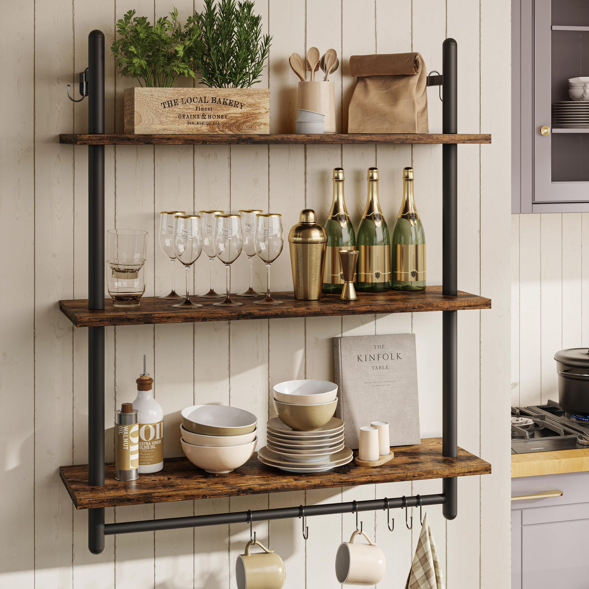 Floating Pipe Shelving Kitchen Shelves Wall Mounted 3 Tier Ladder Coffee Bar Shelf 3 Tier