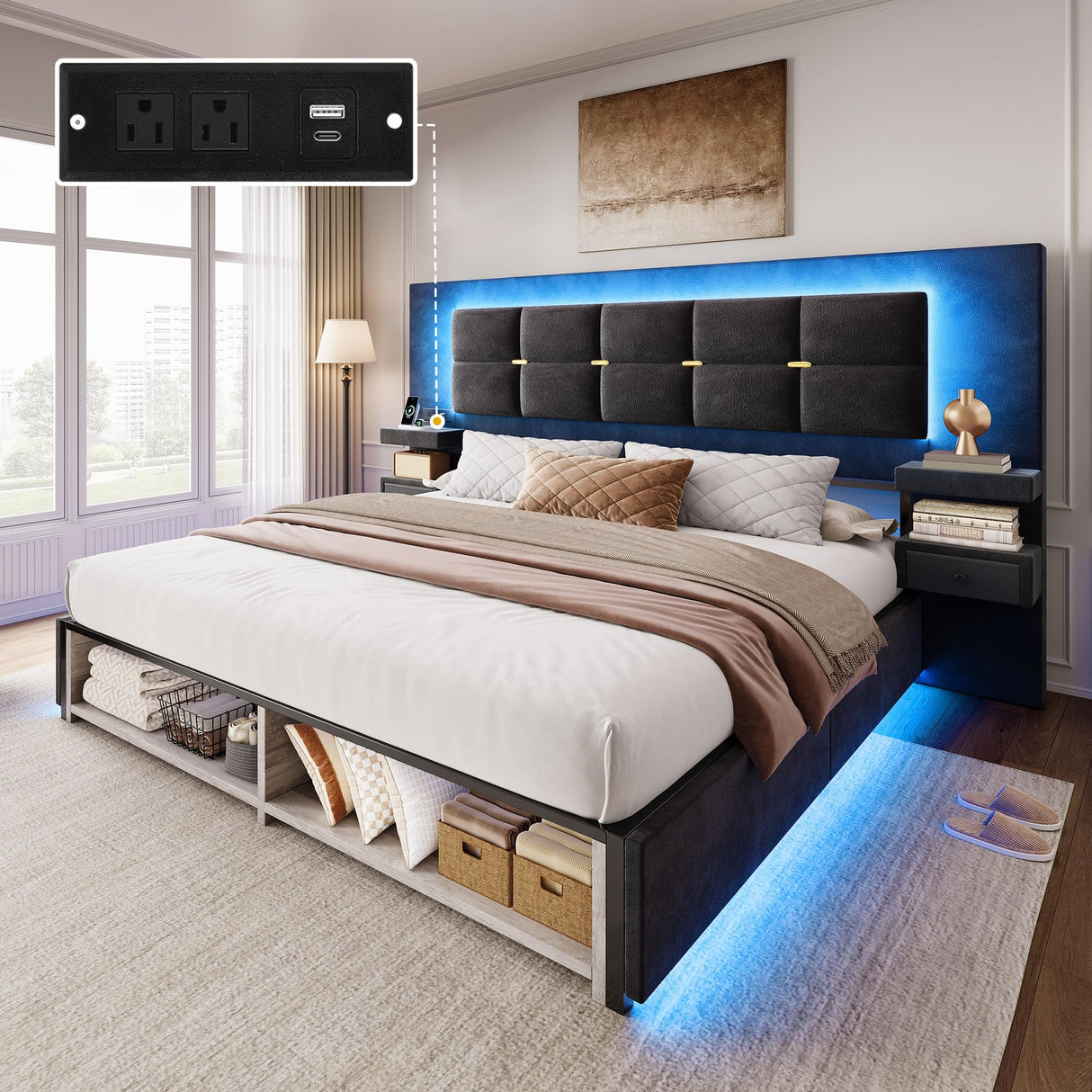 Queen Bed Frame with LED Lights and Charging Station