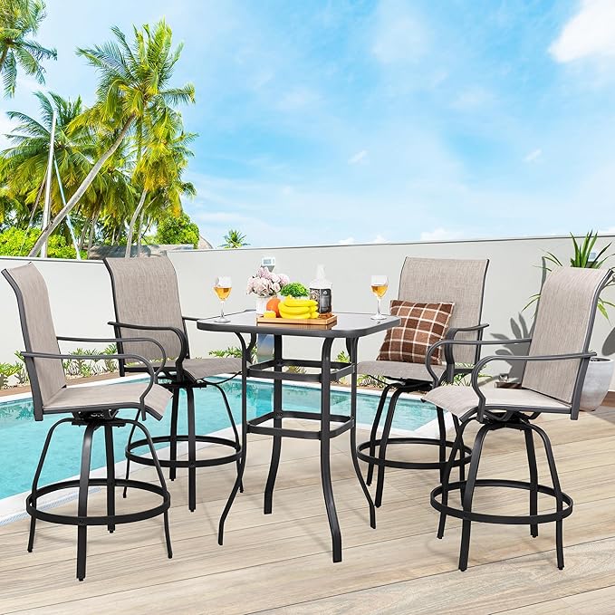 3 Pieces Outdoor Swivel Bar Set, All Weather Textile Fabric Patio High Bar Stool Bistro Set