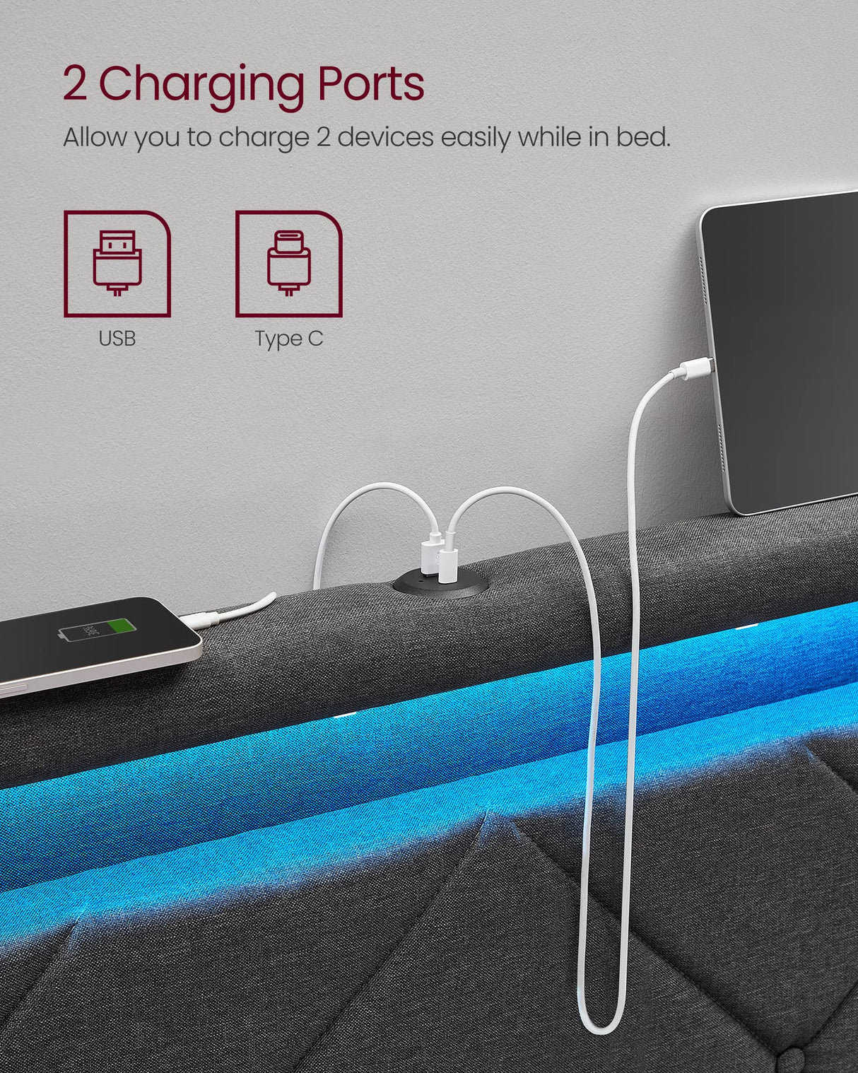 LED Bed Frame Queen Size with Headboard and 4 Drawers, 1 USB Port and 1 Type C Port,