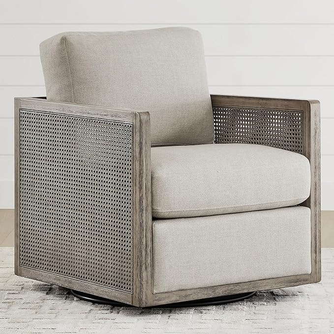 Swivel Accent Chair, Rattan Arm Chair for Living Room and Bedroom, Cream Fabric
