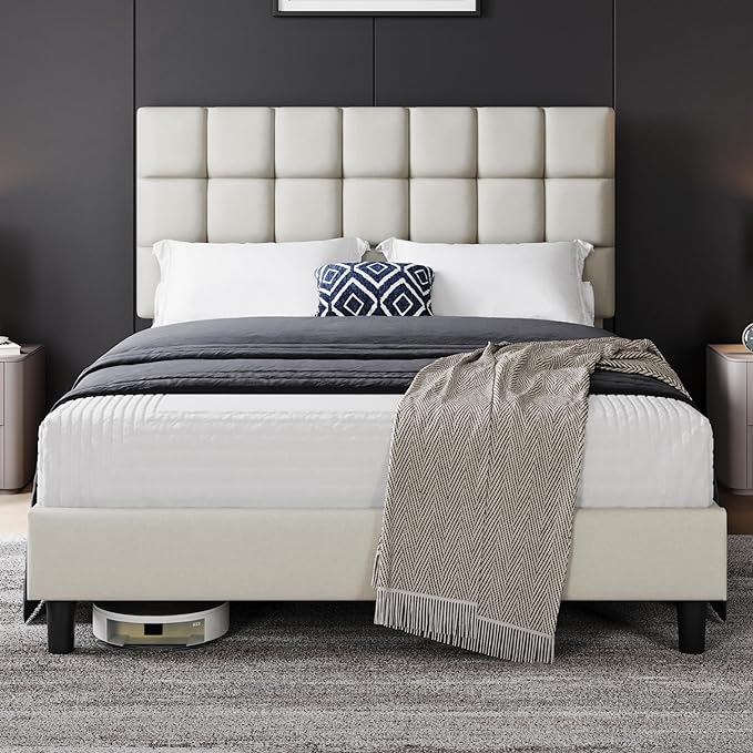 Full Upholstered Platform Bed Frame, Mattress Foundation with Height Adjustable Tufted