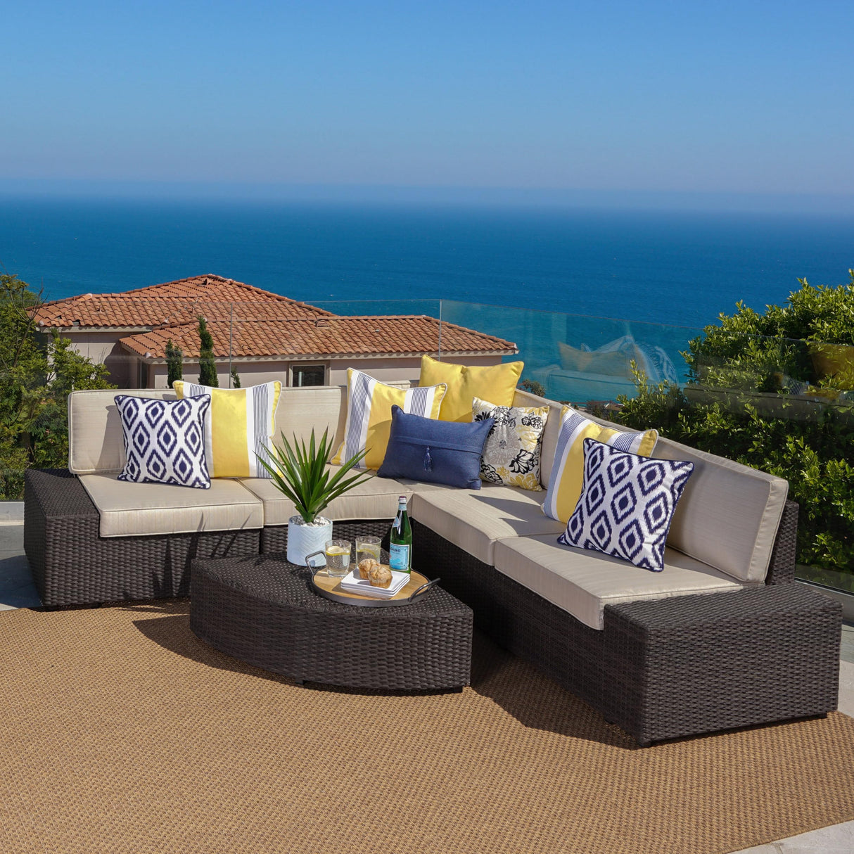 Santa Cruz Outdoor Wicker Sectional Sofa Set with Water Resistant Cushions, 6-Pcs Set, Brown