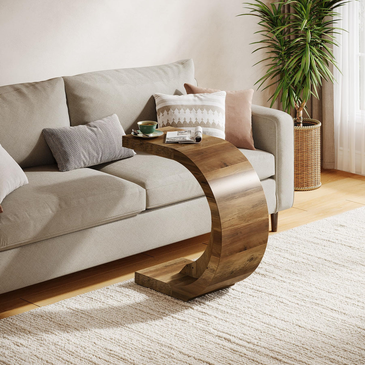 C-Shaped End Table, Wood Side Table for Couch Sofa Living Room Bedroom Small Space