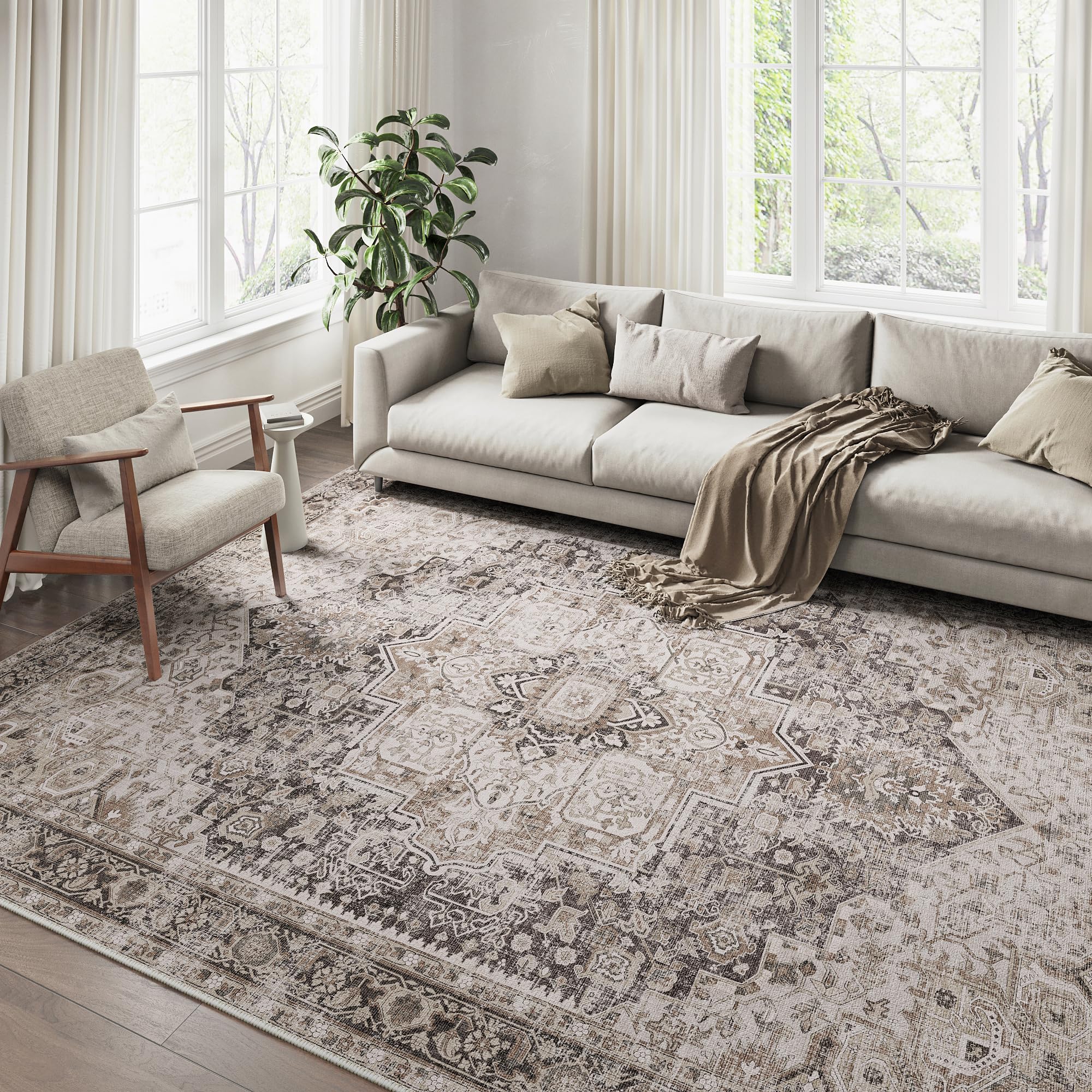 Vintage Area Rug 4x6 Washable Rug Non Slip Kitchen Brown Multi Indoor Living Room