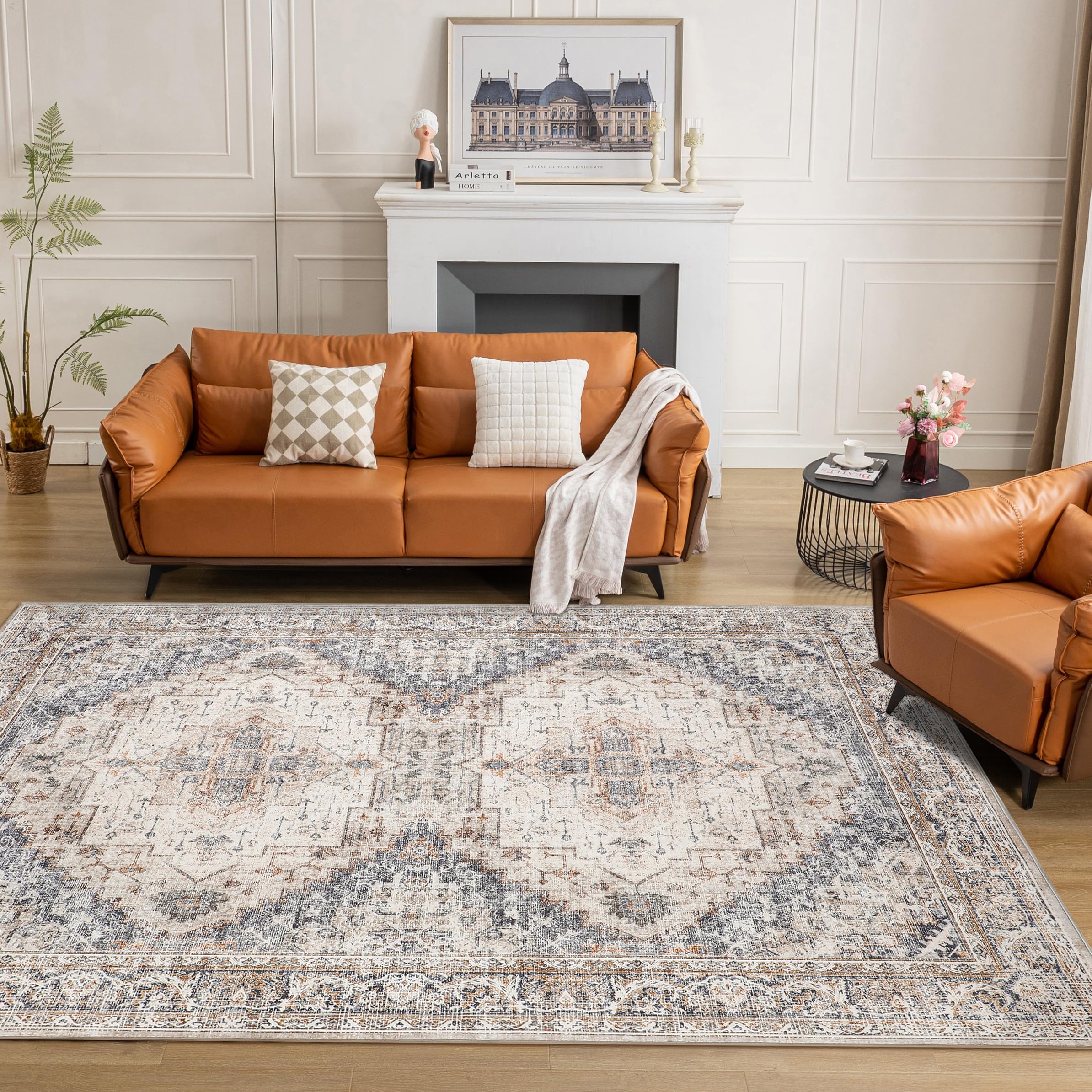 PureCozy Brown Area Rug 5x7 Living Room Rug Washable Indoor Accent Rug Vintage Low Pile Carpet Retro Distressed Throw Rug Bedroom Office Dining Room Kitchen Laundry Room