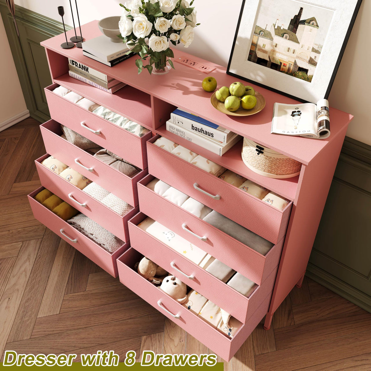 for Bedroom Led Bedroom Dresser with Charging Station, Tall Dresser with 8 Fabric Chest