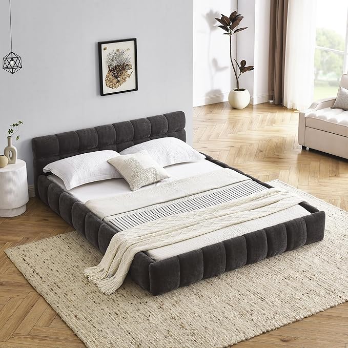 Queen Size Bed Frame, Chenille Upholstered Platform Bed