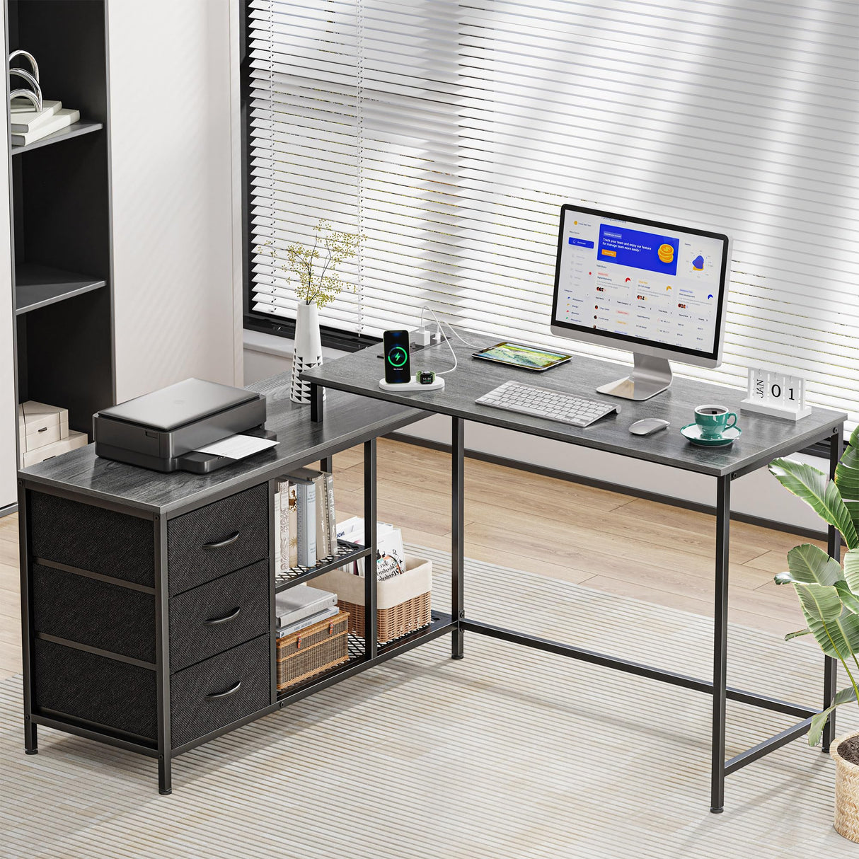 L Shaped Desk with Power Outlets, Computer Desk with Drawers & Shelves