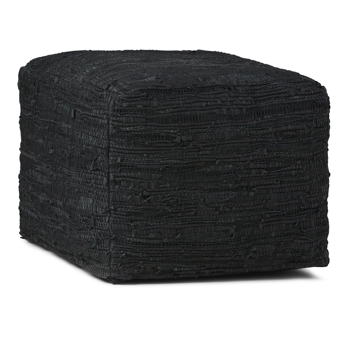 Fredrik Boho Square Pouf in Black Woven Genuine Leather for the Living Room, Bedroom