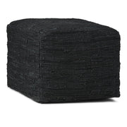 Fredrik Boho Square Pouf in Black Woven Genuine Leather for the Living Room, Bedroom