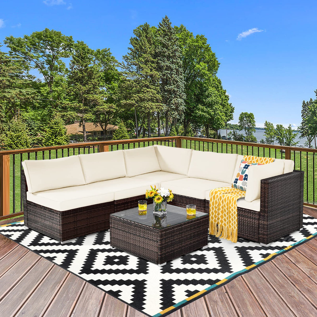 6-Piece Outdoor Wicker Patio Furniture Conversation Set with Glass Coffee Table