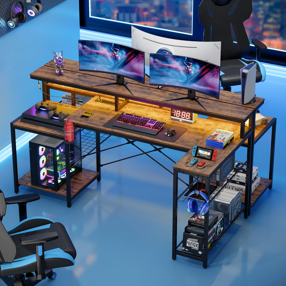 71.5 inch Computer Desk with Power Outlets, LED Large Home Office Desk with Monitor Stand