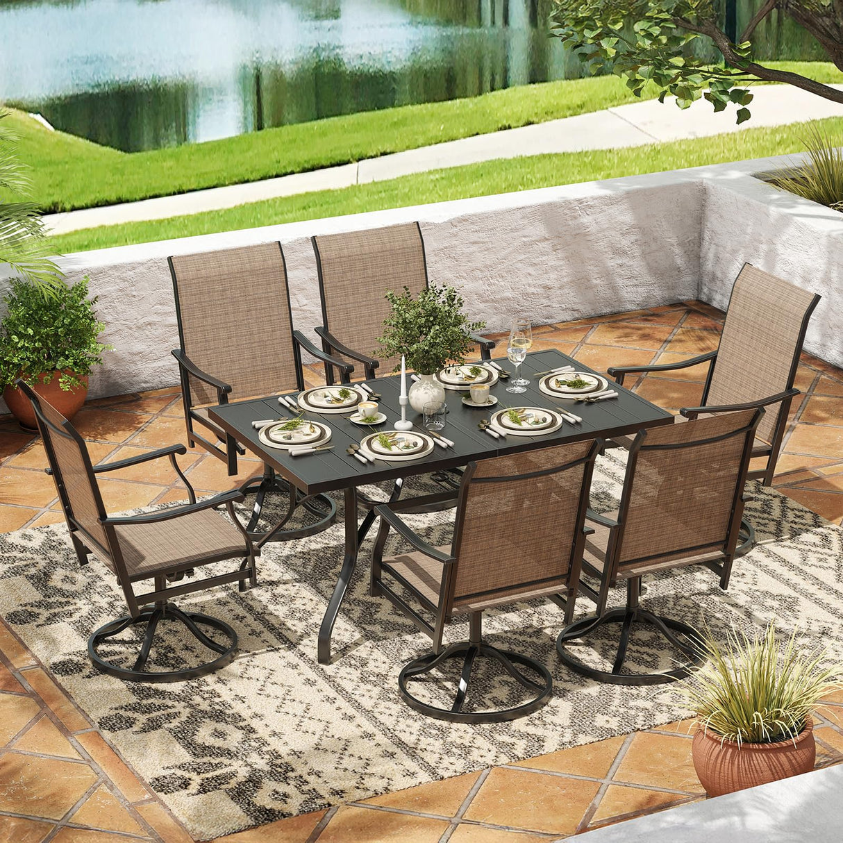 Outdoor Dining Set for 6, 7-Piece Patio Table and Chairs Set, 6 x Swivel Patio Dining Chairs