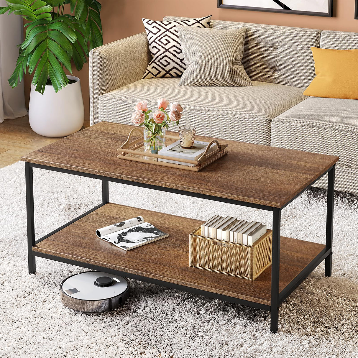 Coffee Table with Storage 2-Tier Industrial Center Table for Living Room
