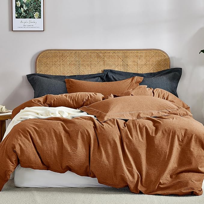 100% Washed Cotton 3 Pieces Blue Duvet Cover Queen Size - Linen Like Textured Breathable Comforter Cover with Pillow Shams (Blue, 90"x90")