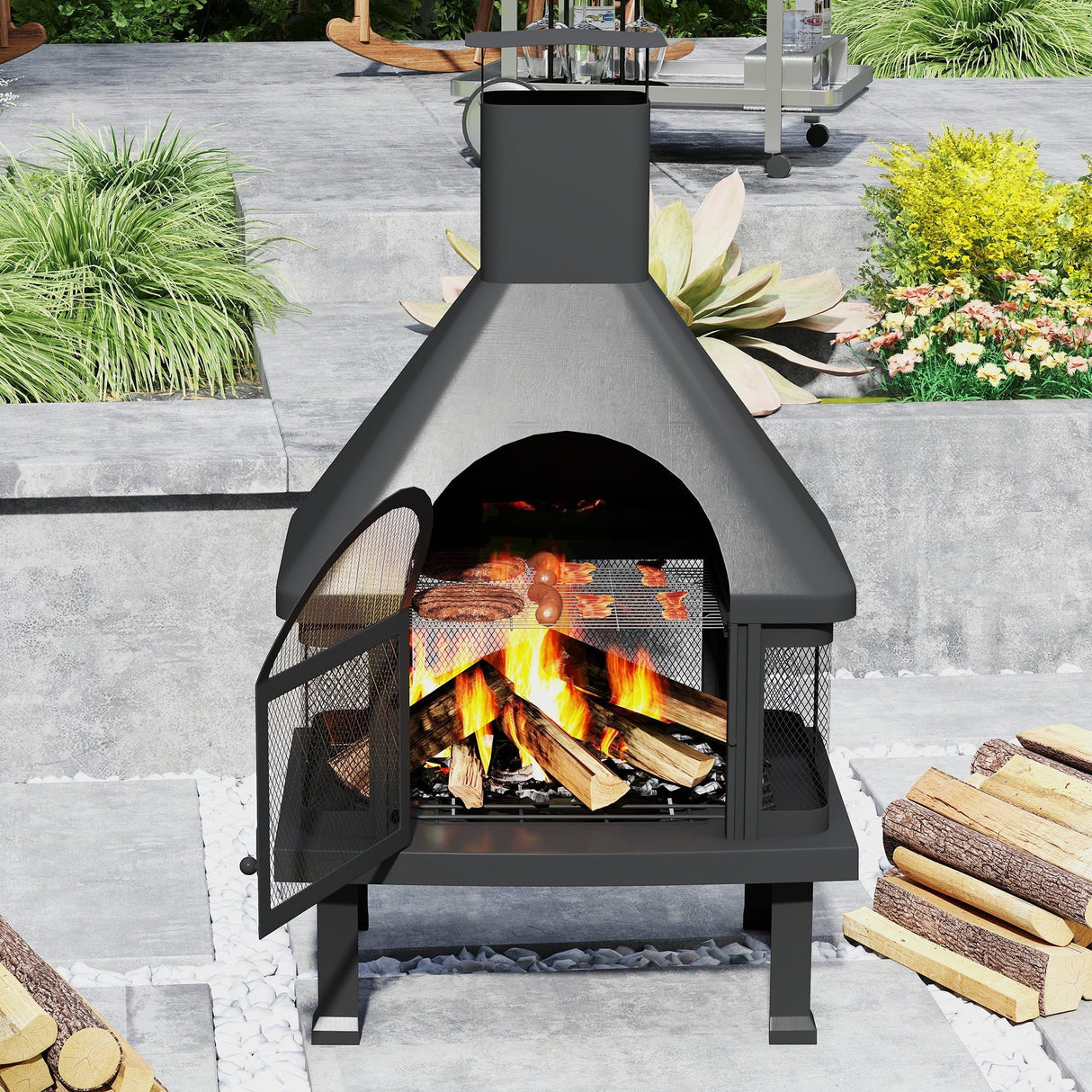 Chiminea Outdoor Fireplace,360-Degree Flame View Outdoor Wood Burning Fire Pit