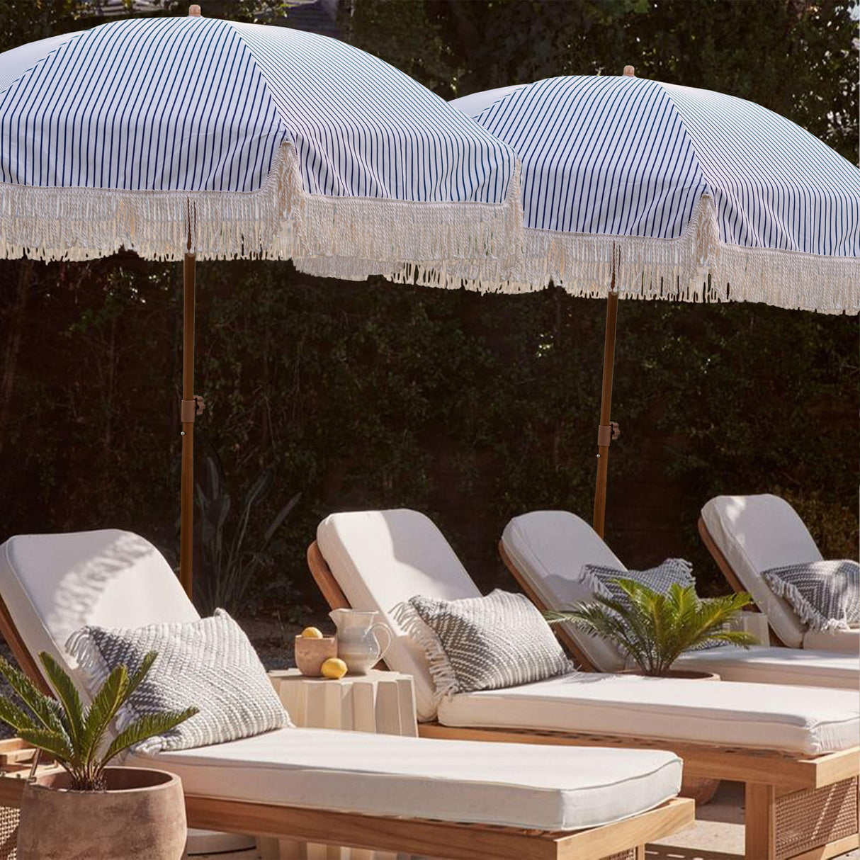 7ft Patio Umbrella with Fringe Outdoor Tassel Umbrella UPF50+ Premium Steel