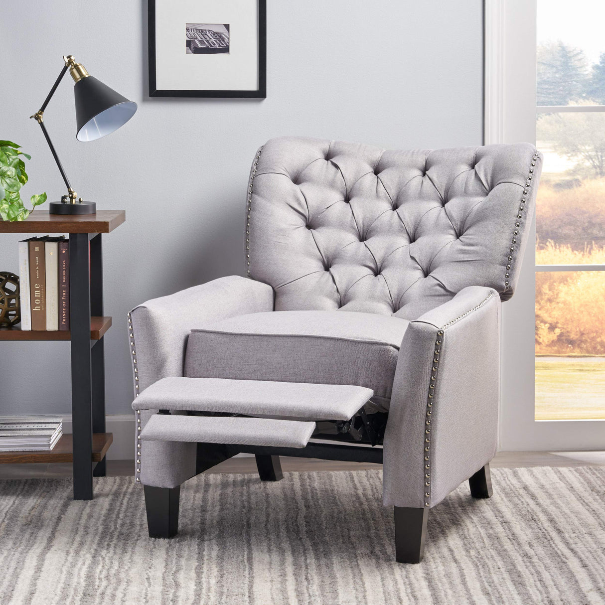 Cerelia Tufted Fabric Recliner, Light Grey / Dark Brown